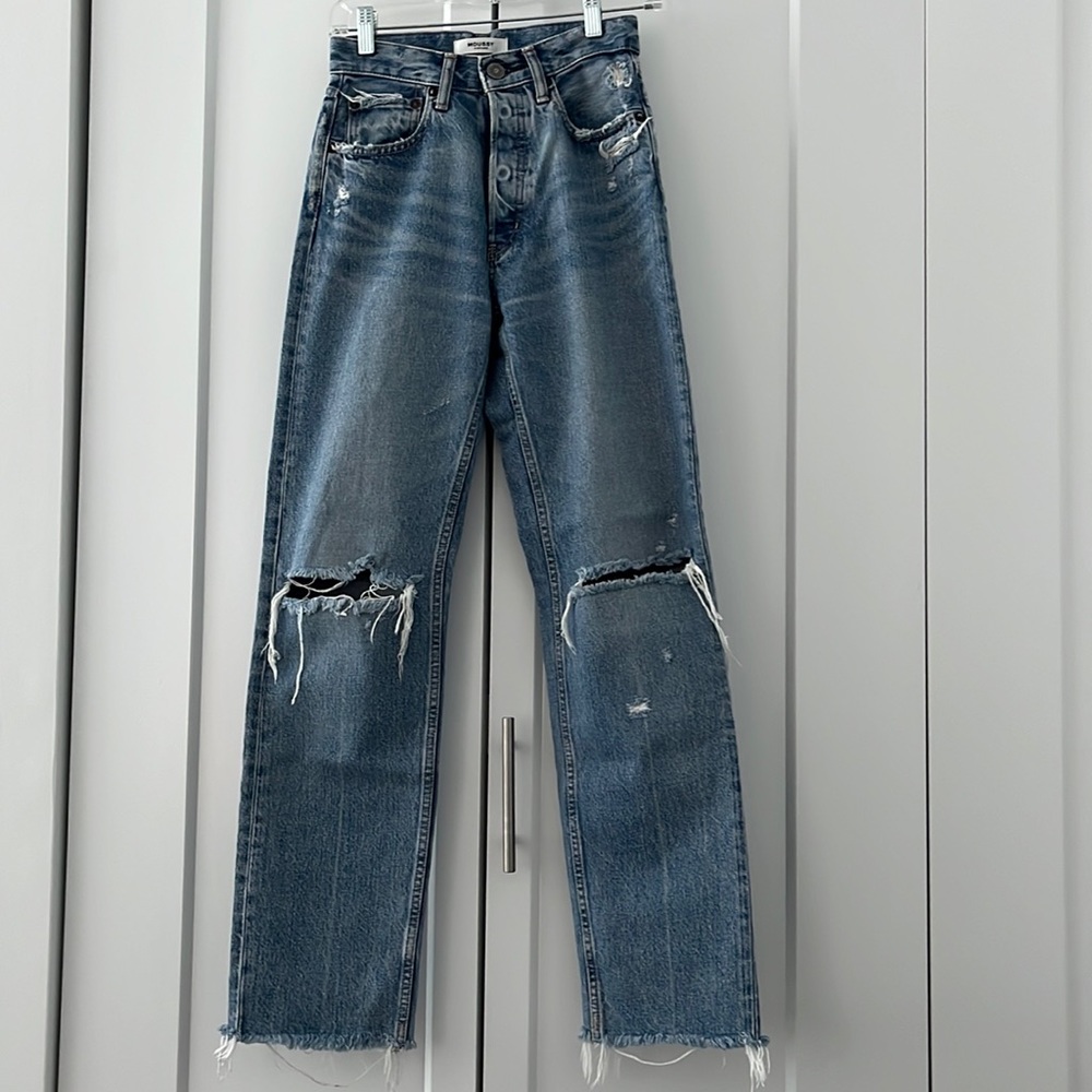 Distressed denim by Moussy. Size 24. Like new condition